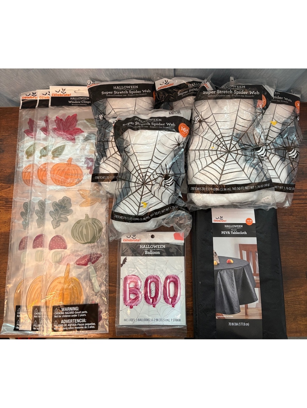 Halloween Decoration Lot – Spider Webs, Window Clings, Tablecloth & BOO Balloons